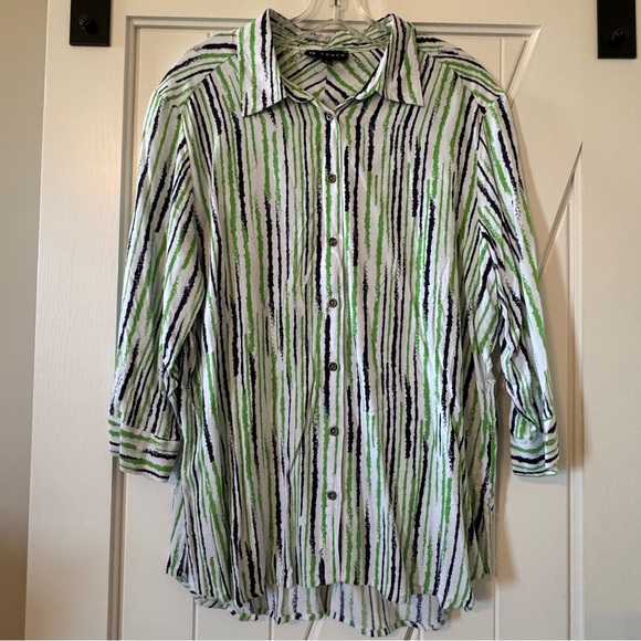 N Touch Button Up Shirt Women's Large Green Black Stripe 3/4 Sleeve Collared - Picture 1 of 7